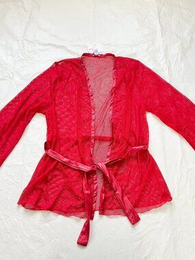 Savage Fenty robe Glossy Flossy Fishnet red belted Medium Large mesh sheer